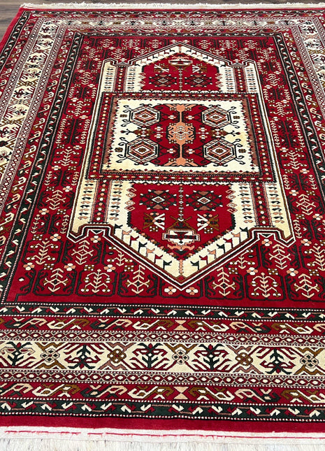 Wool Kazak Pattern Rug 7x10, Geometric Pakistani Hand Knotted Carpet, Large Medallion, Red Cream Dark Green, Room Sized Vintage Oriental Rug-0