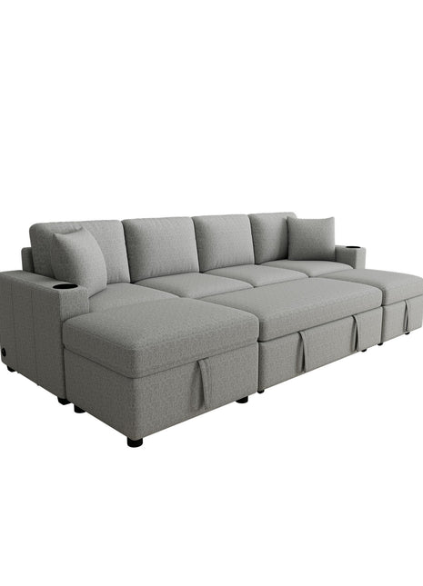 109.1' Sectional Sofa Convertible Pull-out Sofa Bed with Movable Storage Ottoman, Gray Chenille Fabric