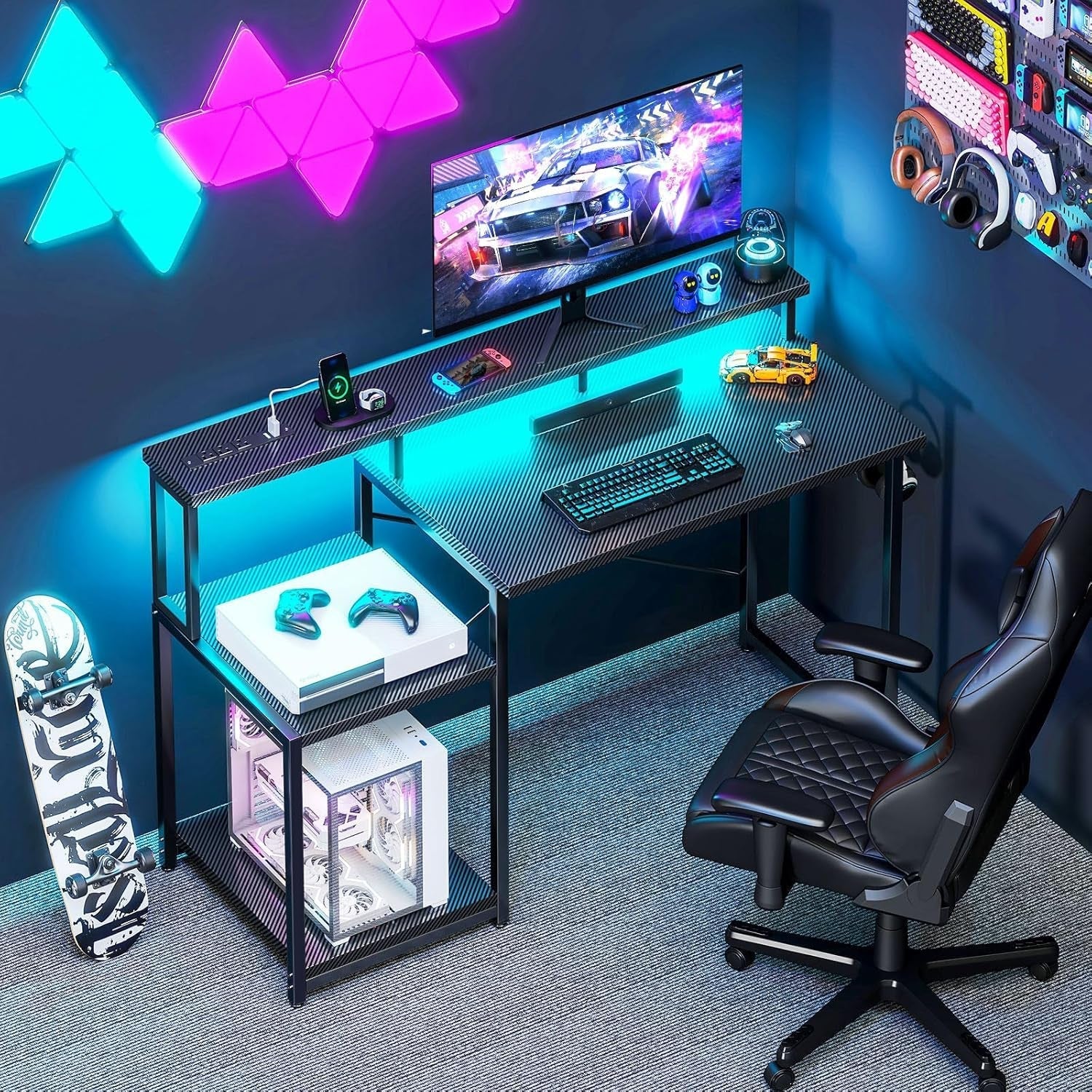 Computer Desk, 48 Inch Gaming Desk with Led Lights & Power Outlet, Office Desk with Printer Storage Shelves, Reversible Desk with Monitor Shelf & Headphone Hook, Carbon Fiber Black-1