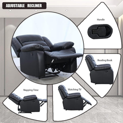 Black Recliner Chair Set of 2, with Overstuffed Arm and Back, Breathable Faux Leather Manual Reclining Chairs, Living Room Single Sofa Recliners-3