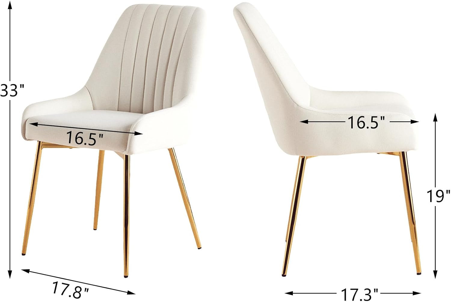 White chairs with gold legs and dimensions labeled on a white background