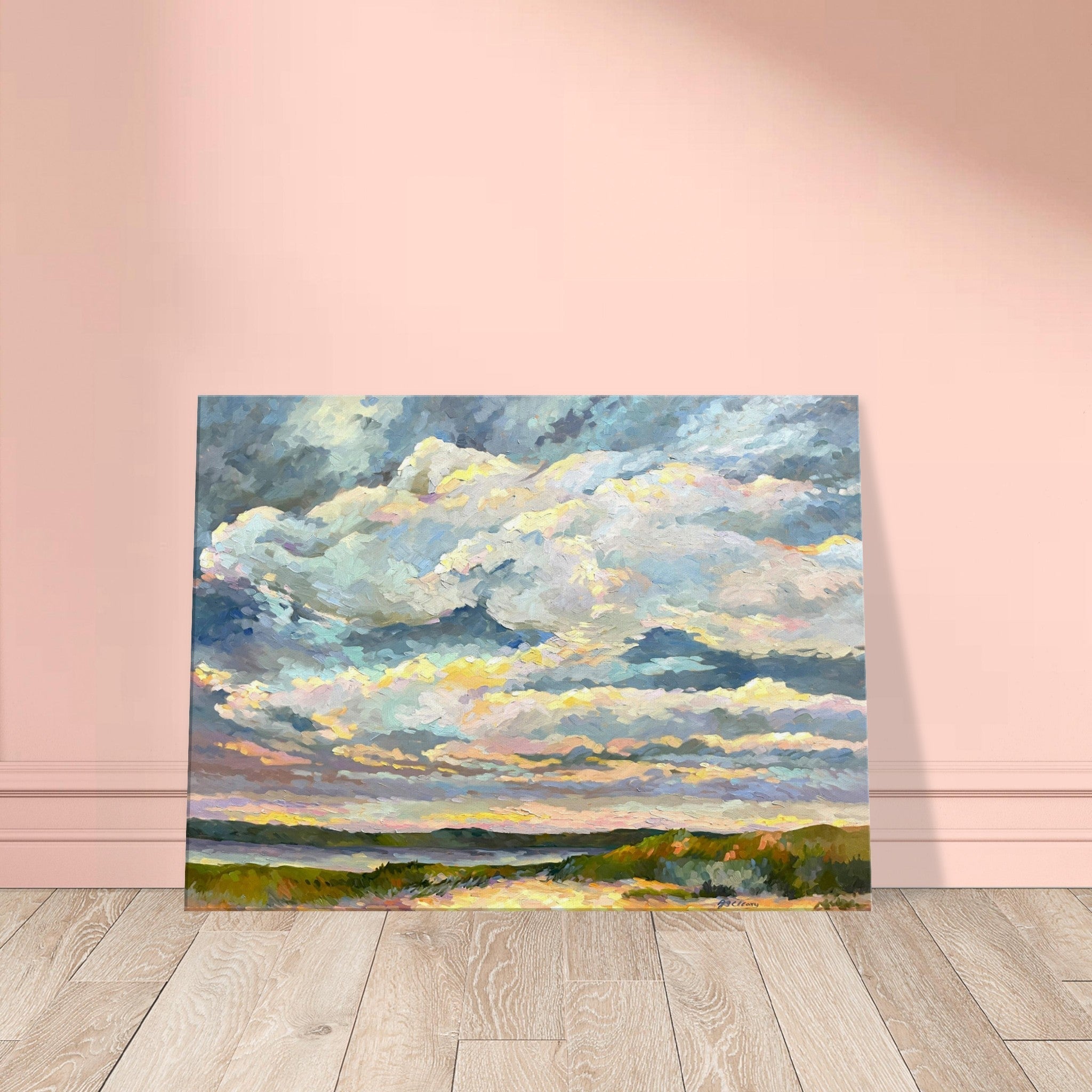 Painting of a landscape with clouds on a pink wall.