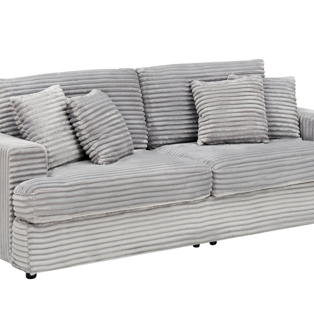 88.58' corduroy 3-seater sofa, spacious and comfortable. Paired with 4 throw pillows in the same color, it adds an elegant touch to a modern living room.Gray-0