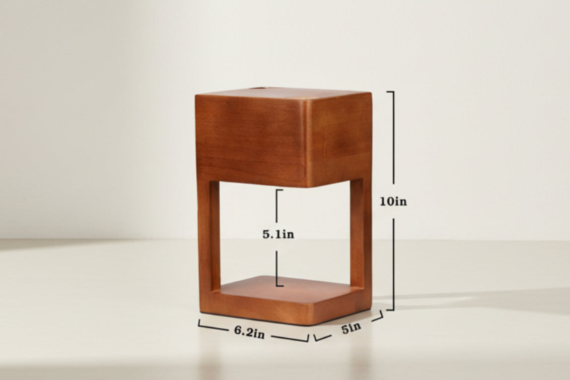 Wooden lamp with specifications and features on a white background
