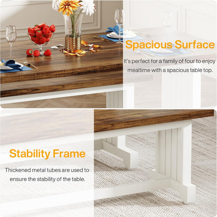 Dining table with a spacious surface and stability frame, featuring fruits and flowers on top.