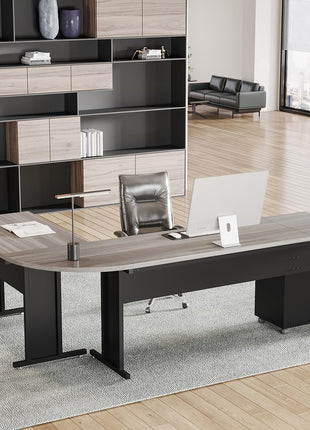 83 Inch L-Shaped Office Desk, Large Executive Computer Desk with 3-Drawer File Cabinet, Industrial Corner Desk with Storage Drawers, Business Furniture Work Desk for Home Office (Gray)-0