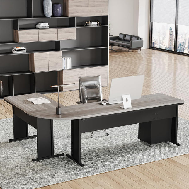 83 Inch L-Shaped Office Desk, Large Executive Computer Desk with 3-Drawer File Cabinet, Industrial Corner Desk with Storage Drawers, Business Furniture Work Desk for Home Office (Gray)-0