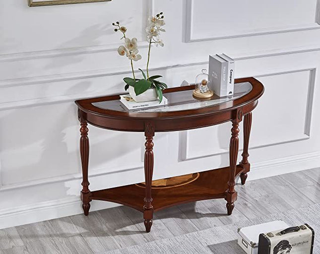 Half Moon Glass Top Oka Wood Console Table-1