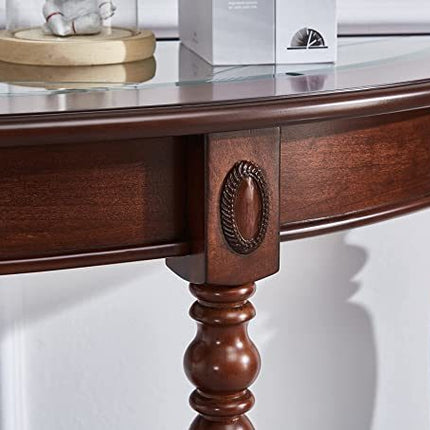 Half Moon Glass Top Oka Wood Console Table-3