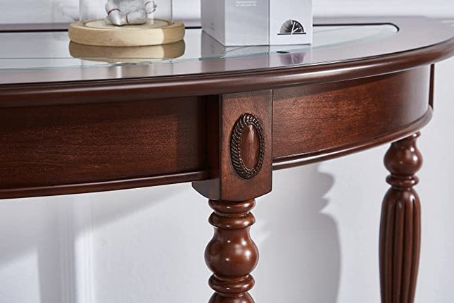 Half Moon Glass Top Oka Wood Console Table-3