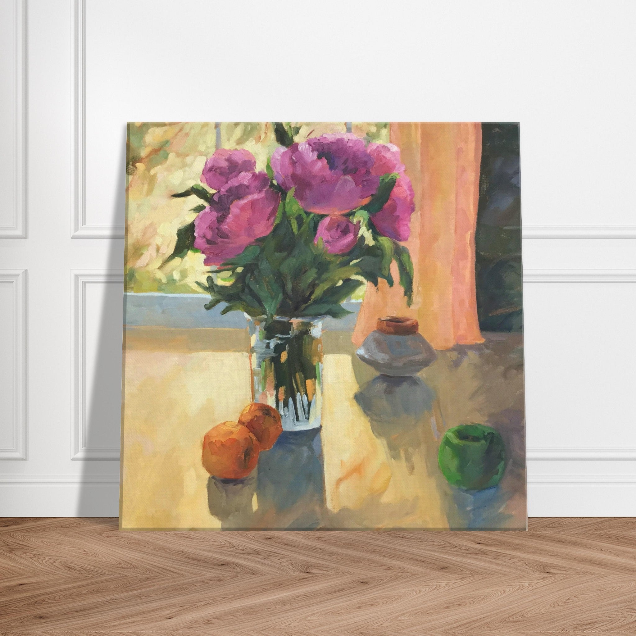 Painting of a still life with flowers and fruits on a wall.
