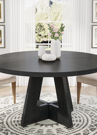 round Dining Table Wood Kitchen Table for Dining Room Living Room, 47 in Dinning Room Tables for 4 Man, Farmhouse Dinner Table with Wooden Tabletop and Cross Base, Black(Only Table)-0