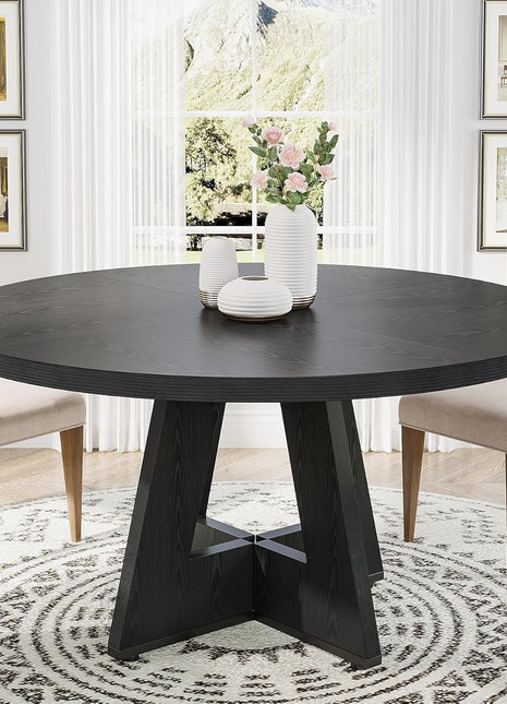 round Dining Table Wood Kitchen Table for Dining Room Living Room, 47 in Dinning Room Tables for 4 Man, Farmhouse Dinner Table with Wooden Tabletop and Cross Base, Black(Only Table)-0