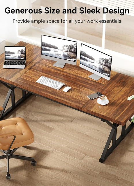 70.8-Inch Office Desk, Wooden Executive Office Desk, Modern Work Desk, Large Farmhouse Writing Table Computer Desk for Home, Brown-Black-4