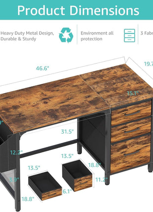 Computer Desk with Fabric File Drawers Cabinet, 47 Inch Home Office Desks with Filing Cabinet for Small Space, Study Writing Table PC Desks, Rustic Brown-2
