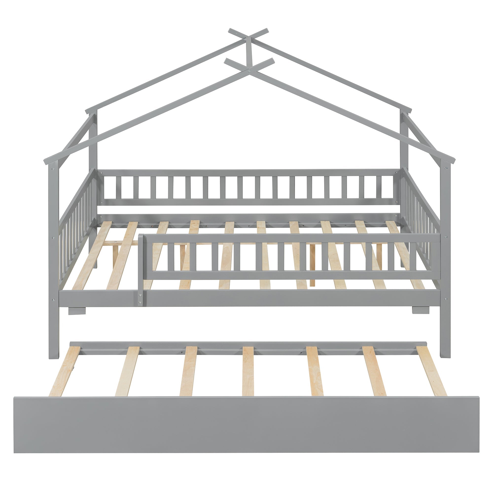 Full Size Wooden House Bed with Twin Size Trundle