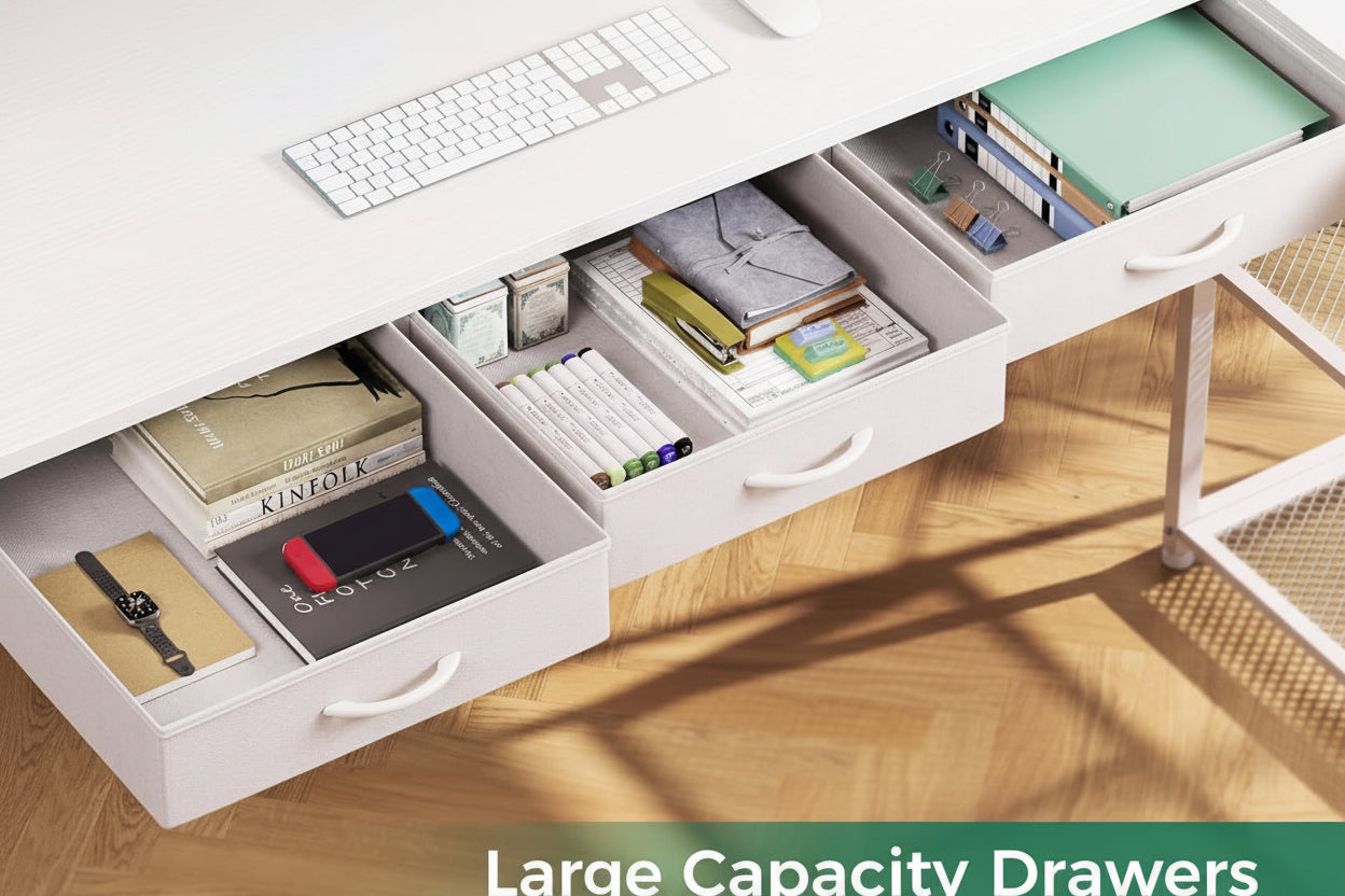 White desk with open drawers containing office supplies, keyboard, and stationery on a wooden floor.