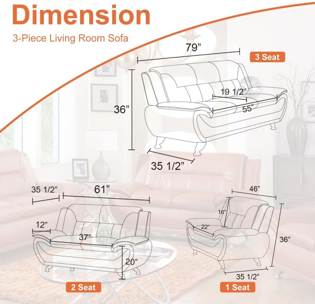 Dimensions of a 3-piece living room sofa set with measurements in inches.