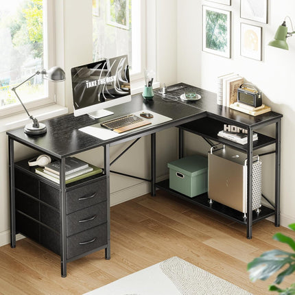 L Shaped Desk with Power Outlets, Computer Desk with 3 Drawers, 47 Inch Office Desk with Shelves, Gaming Desk, Corner Desk Work Desk for Home Office, Study, Black-1