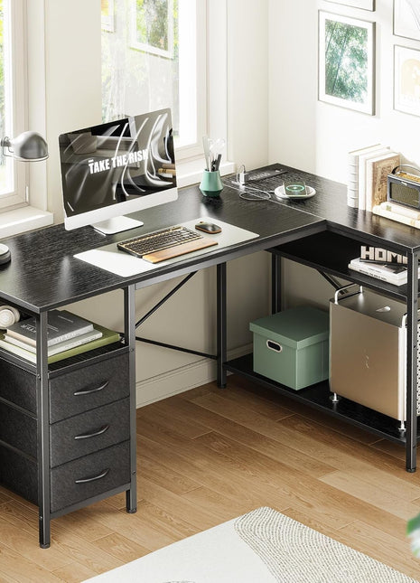 L Shaped Desk with Power Outlets, Computer Desk with 3 Drawers, 47 Inch Office Desk with Shelves, Gaming Desk, Corner Desk Work Desk for Home Office, Study, Black-1