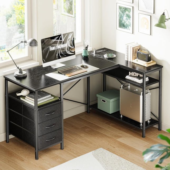 L Shaped Desk with Power Outlets, Computer Desk with 3 Drawers, 47 Inch Office Desk with Shelves, Gaming Desk, Corner Desk Work Desk for Home Office, Study, Black-1