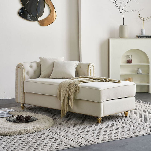 66.9"W Velvet Chaise Lounge,Luxury Modern Chaise Furniture,Tufted Back with 2pcs toss pillows for Living Room,Bedroom,Apartment,Beige Color-0