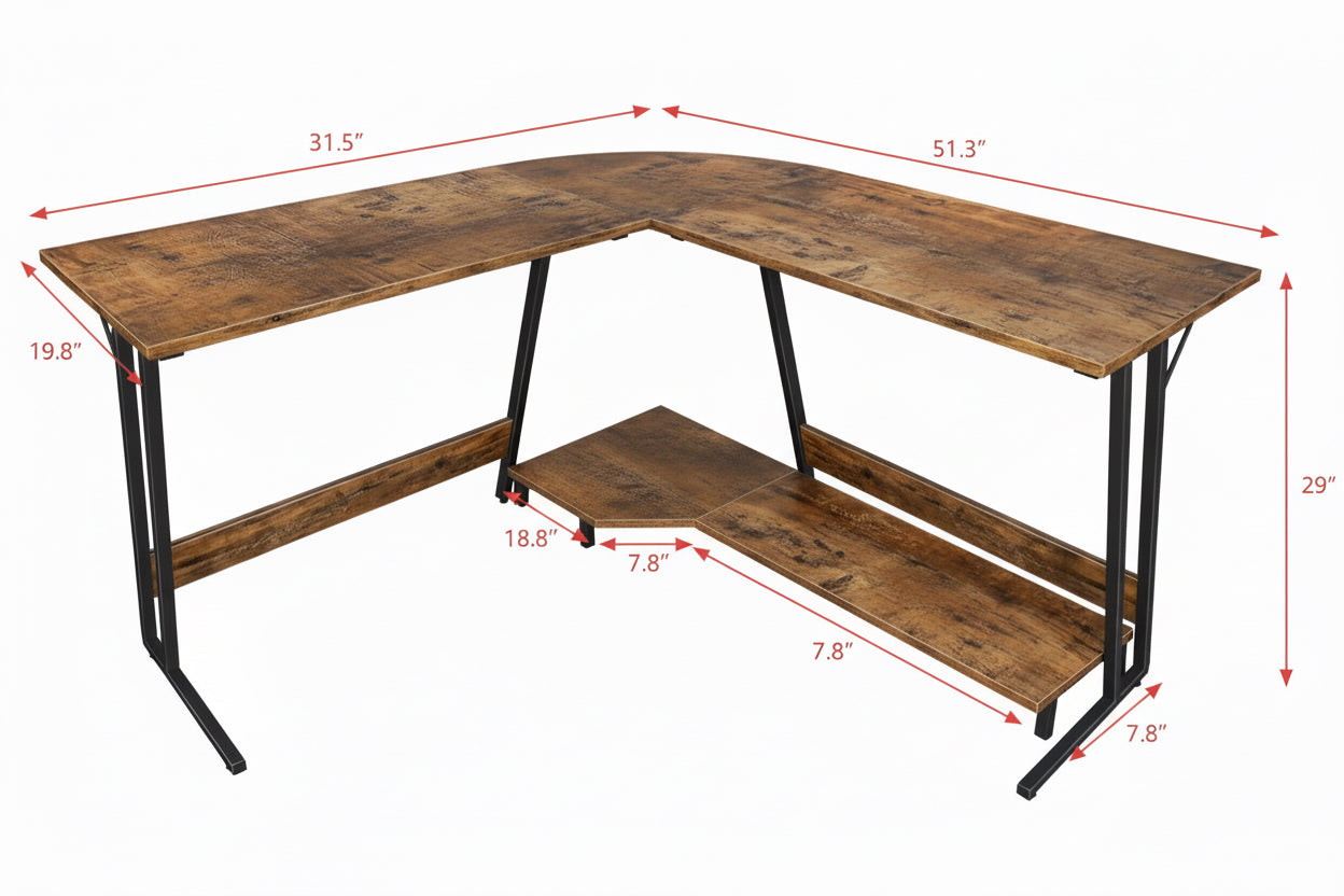 Wooden L-shaped desk with measurements on a white background