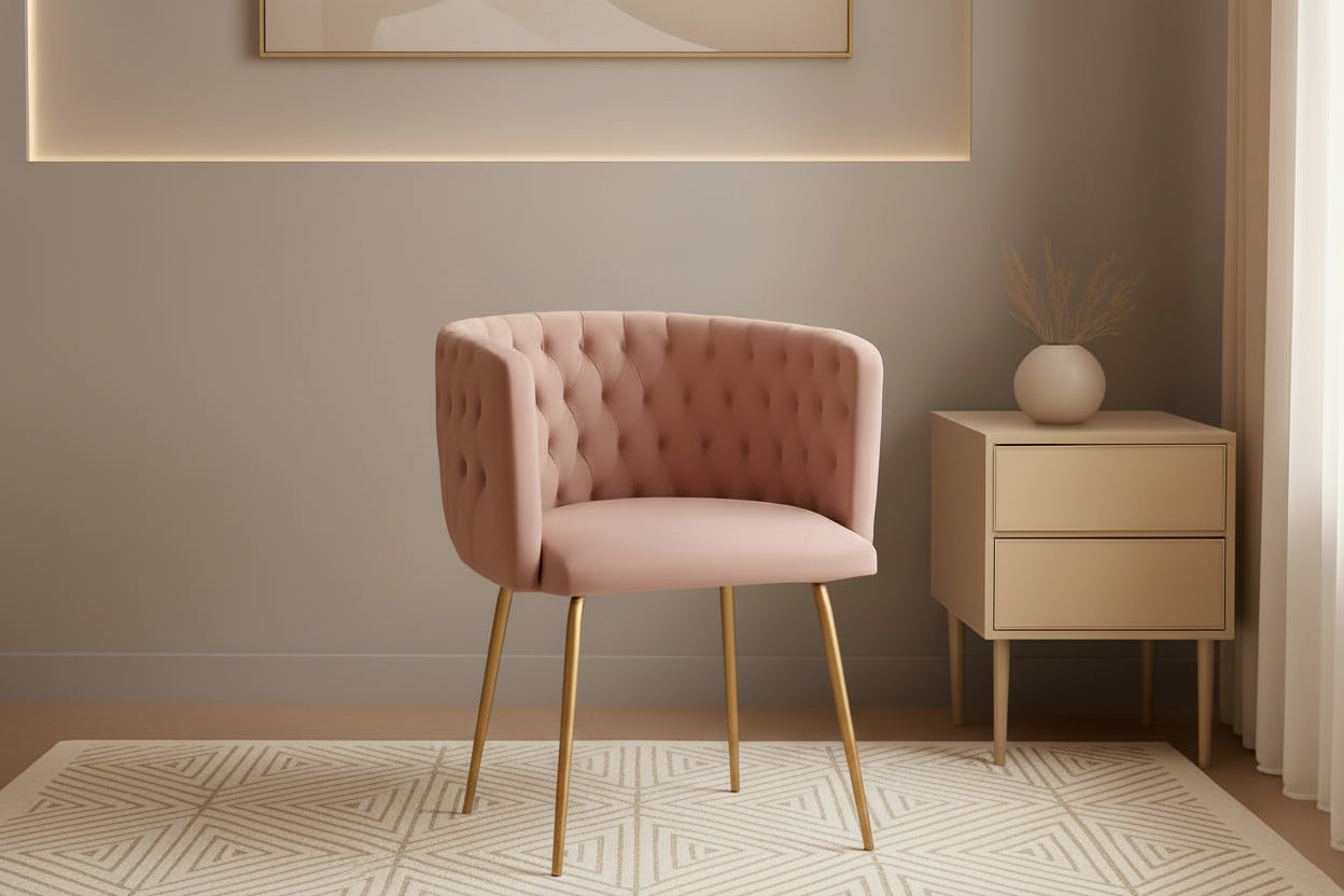 Pink tufted chair with gold legs in a room with a beige wall and side table.