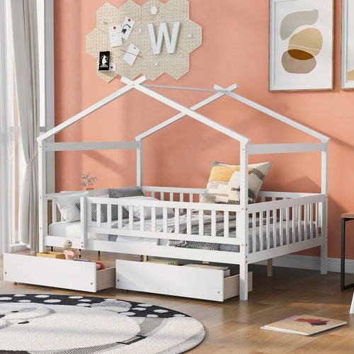 Full Size Wooden House Bed with Two Drawers