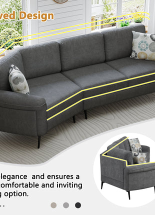 111' Upholstered 3-seater Sofa Curved Sofa Couch with Two Printed Pillows for Living Room, Dark Gray