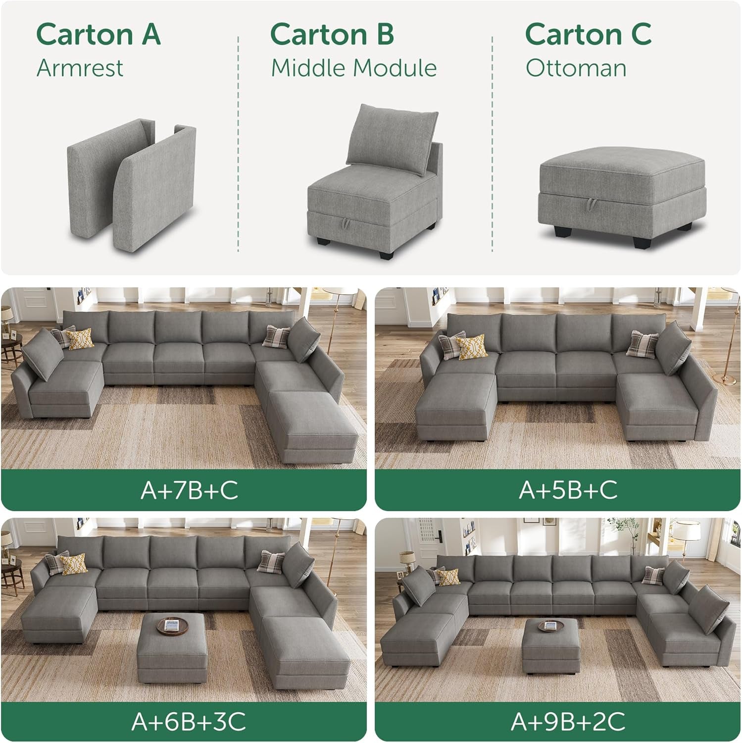 Gray sectional sofa assembly guide with labeled parts and assembly options.