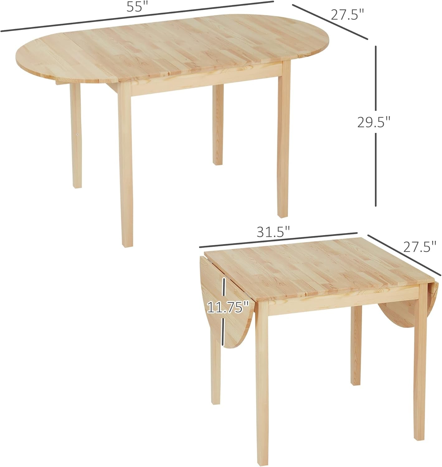 Wooden dining table with dimensions on a white background