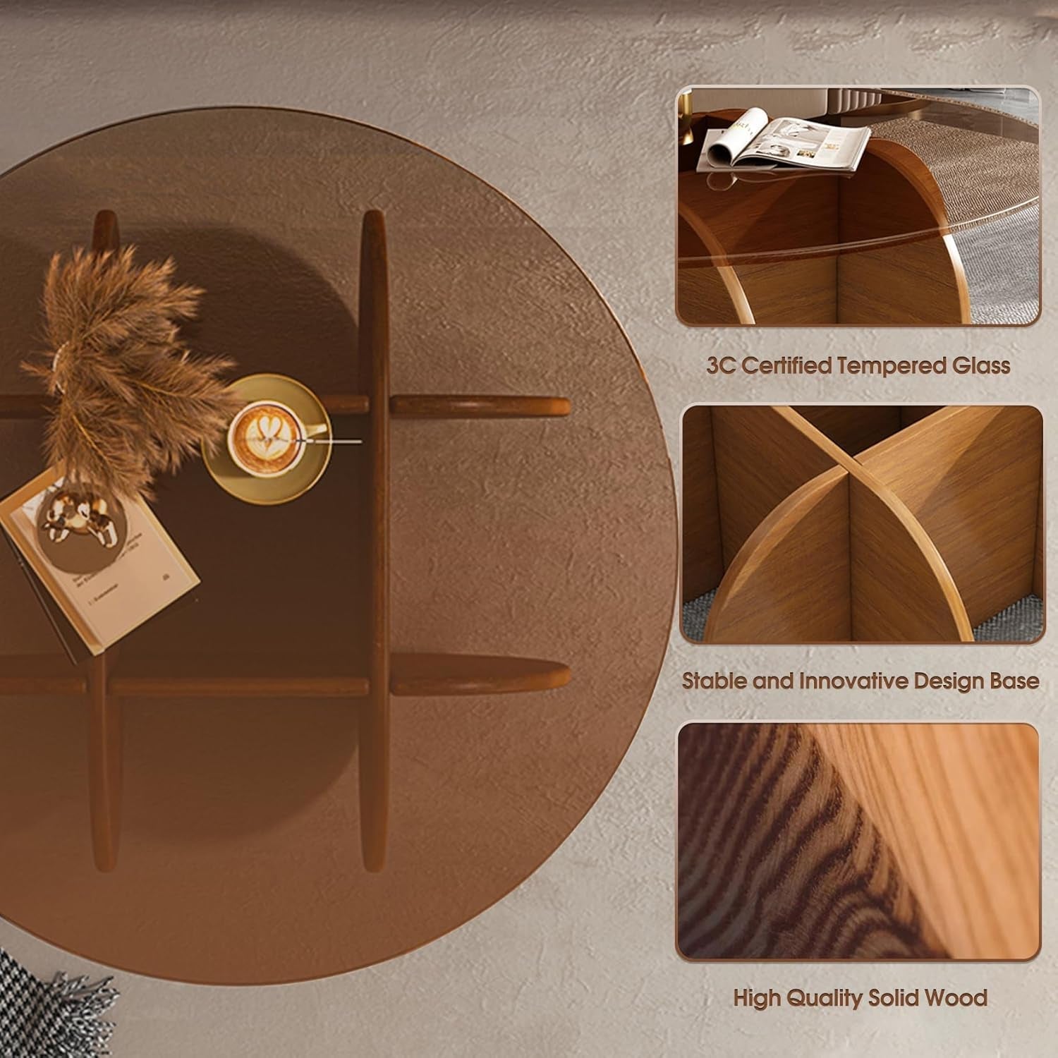 Brown round table with decorative items on a neutral background