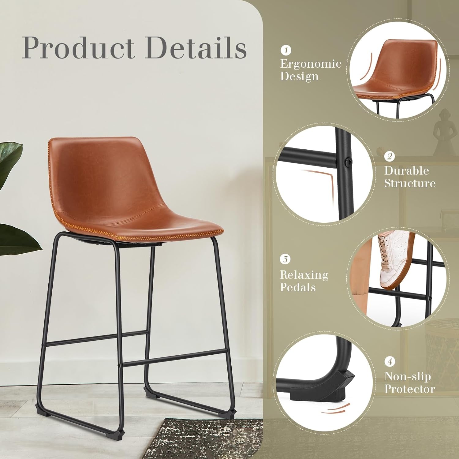 Brown bar stool with black legs on a light wooden floor, featuring product details on a green background.