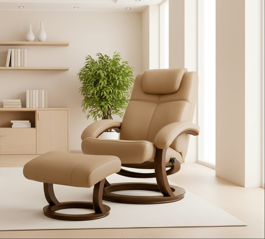 Beige leather recliner chair with ottoman in a room setting.