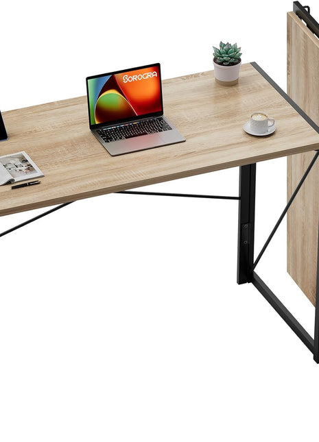Small Folding Desk 39.4 Inch Foldable Computer Desks, Spaces Saving Writing Table for Bedroom, Home Office, Dorm, Apartment, Kids, Beech-0