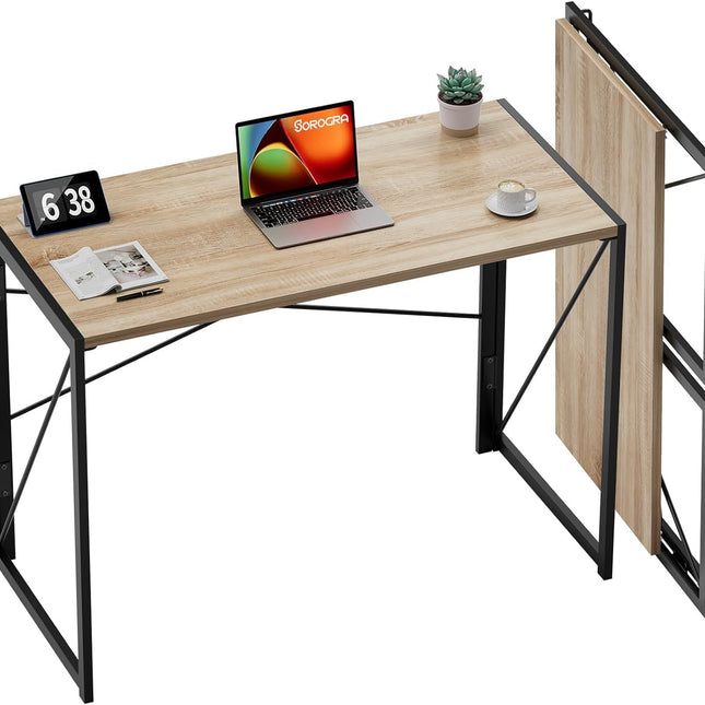 Small Folding Desk 39.4 Inch Foldable Computer Desks, Spaces Saving Writing Table for Bedroom, Home Office, Dorm, Apartment, Kids, Beech-0