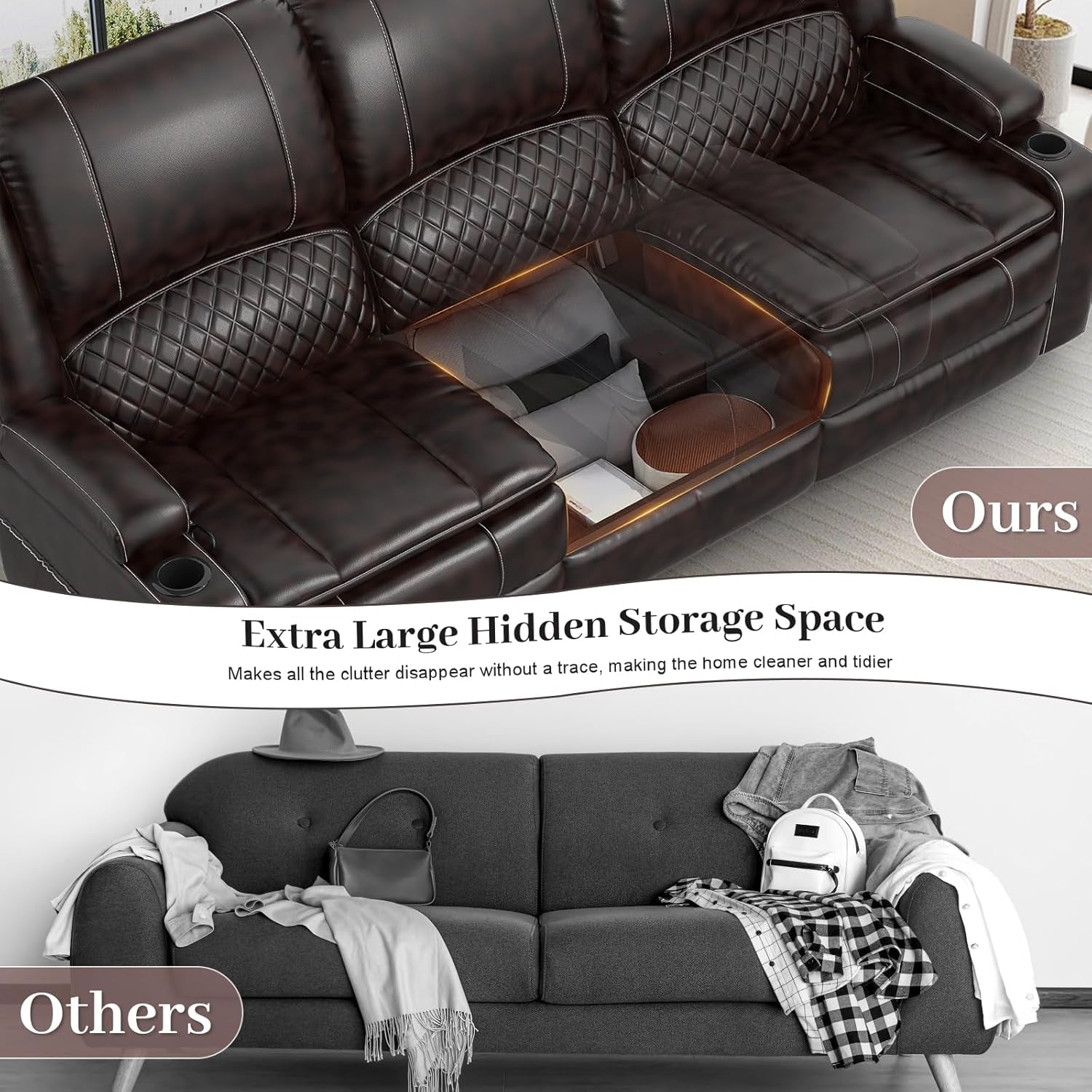 Black leather sofa with hidden storage space and a gray sofa with visible clutter.