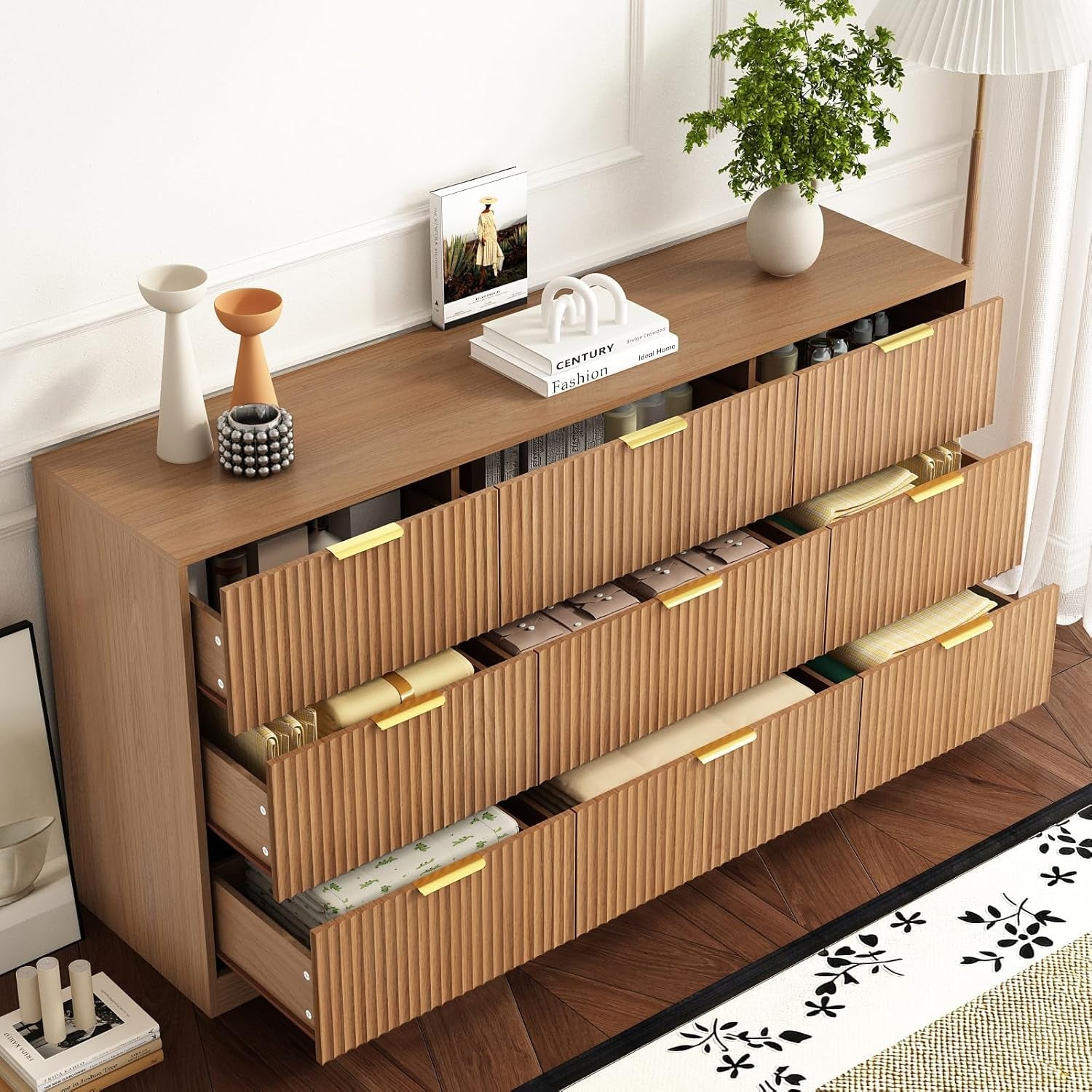 Wooden dresser with multiple drawers in a room setting