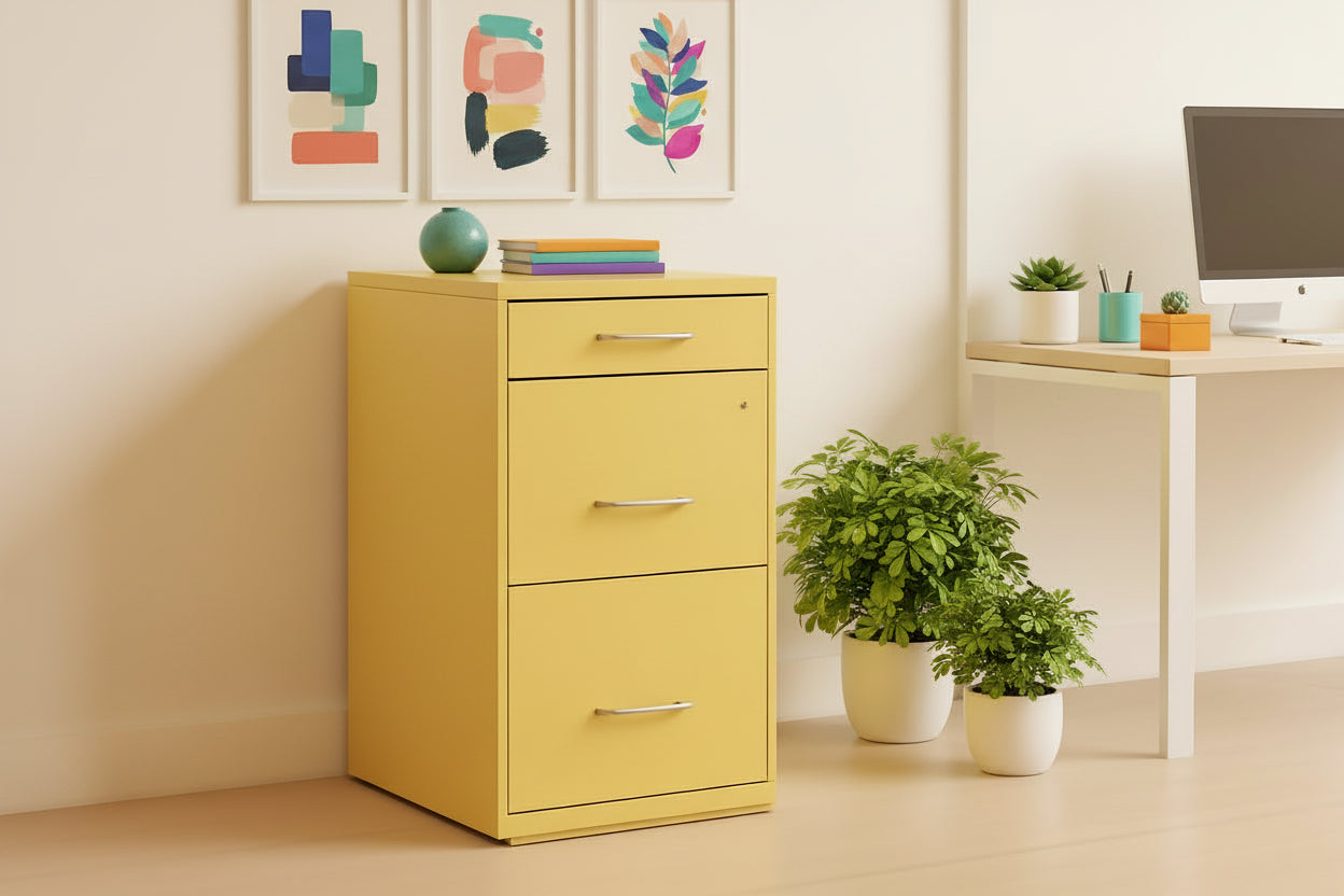 Yellow three-drawer filing cabinet in a room with a lamp and side table.