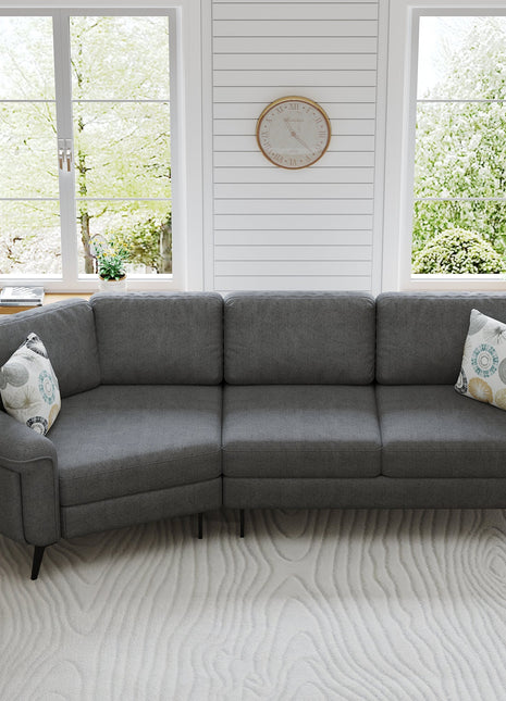 111' Upholstered 3-seater Sofa Curved Sofa Couch with Two Printed Pillows for Living Room, Dark Gray