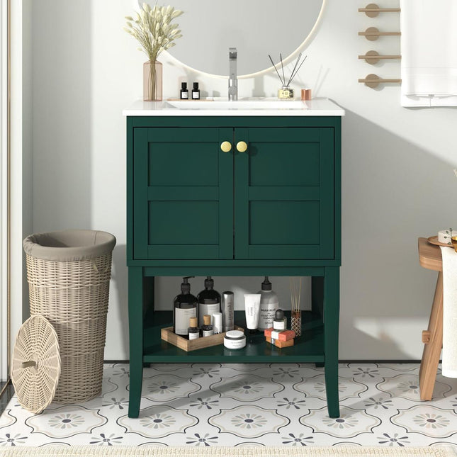 24" Bathroom Vanity with Top Sink, Modern Bathroom Storage Cabinet with 2 Doors, Single Sink Bathroom Vanity-0