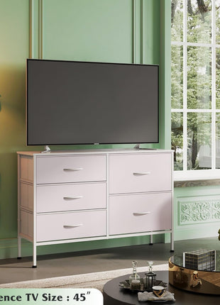 Dresser for Bedroom with 5 Drawers, Wide Bedroom Dresser with Drawer Organizers, Chest of Drawers, Fabric Dresser for Living Room, Closet, Hallway, White