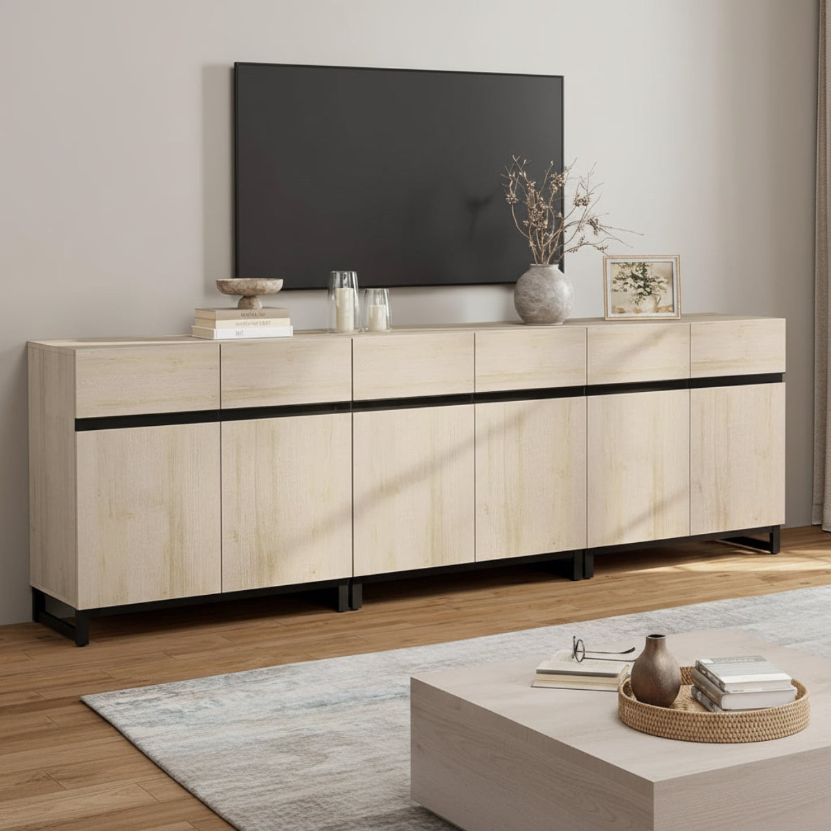 Light Oak TV Stand For 110 Inch TVs With Adjustable Shelves