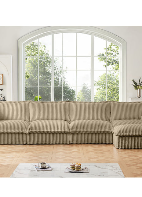 Slipcovered L Shape Sectional Long Sofa Couch, 4 Seater Sofa with Suppleness Armrests,Deep Seat Sofa with 2 Big Pillows, Comfy Couch for Living Room, Apartment, Camel Corduroy Fabric-1
