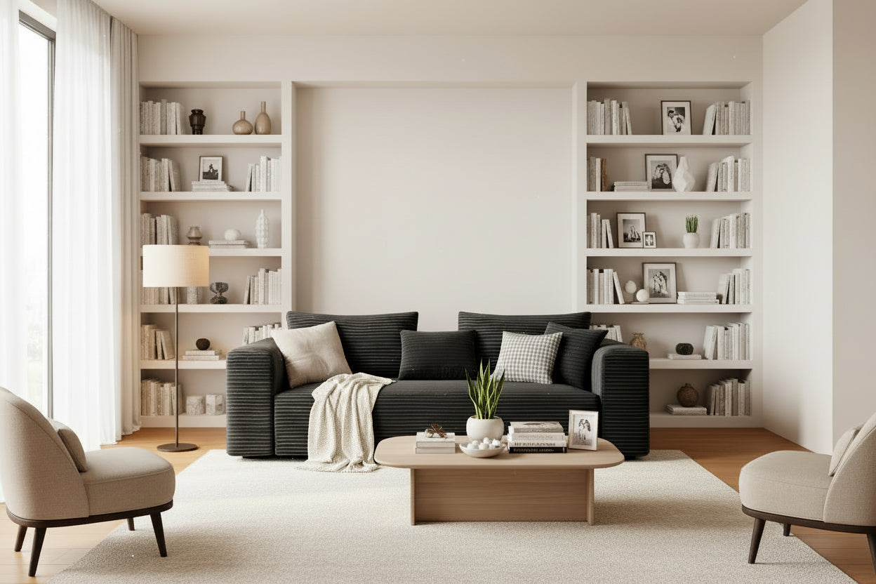 Modern black sofa in a minimalistic room with a warm color palette.