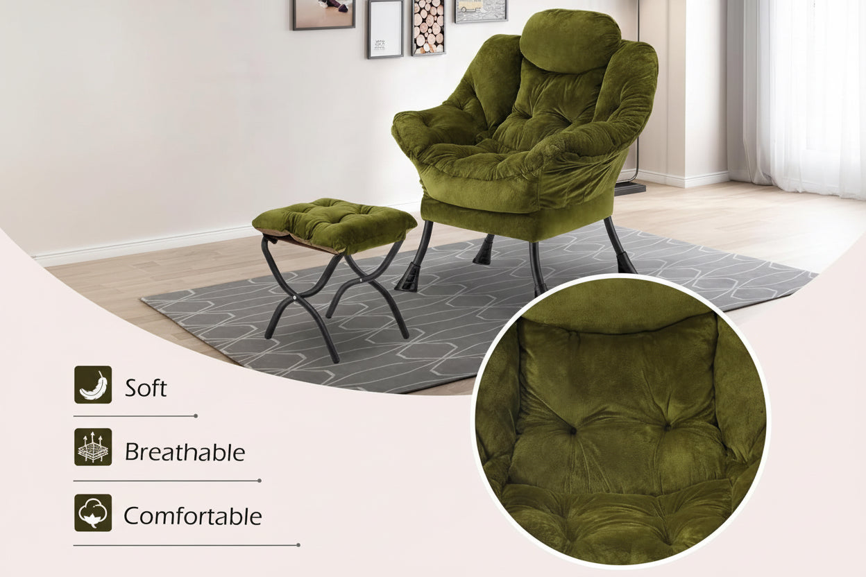 Green armchair with ottoman on a gray rug, Congermoss brand visible