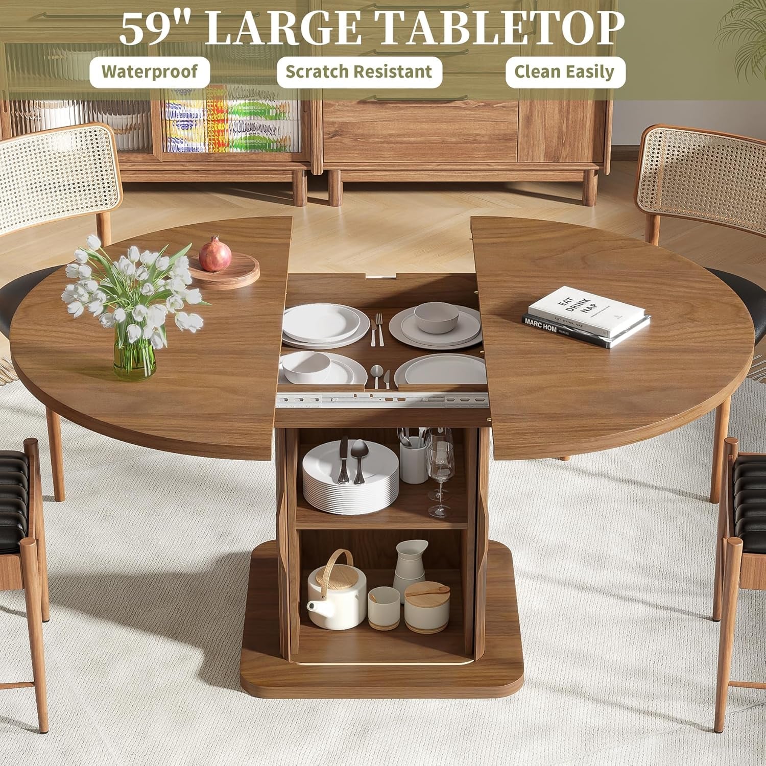 Wooden dining table with storage compartments in a room setting