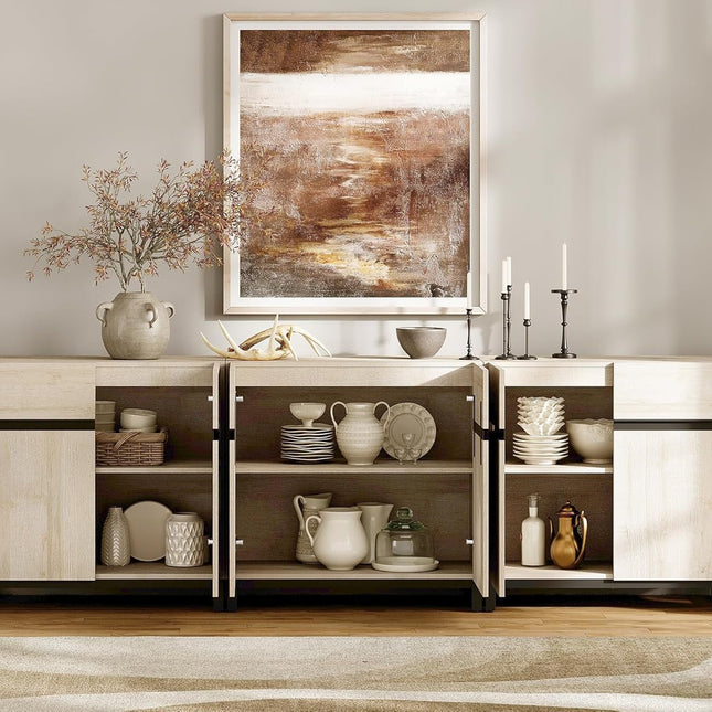 3 in 1 Multifunctional Sideboard Buffet Cabinets, Modern Sideboard with Adjustable Shelf and Metal Base, Coffee Bar Cabinet Storage Cabinet for Living Room,Kitchen,Light Oak