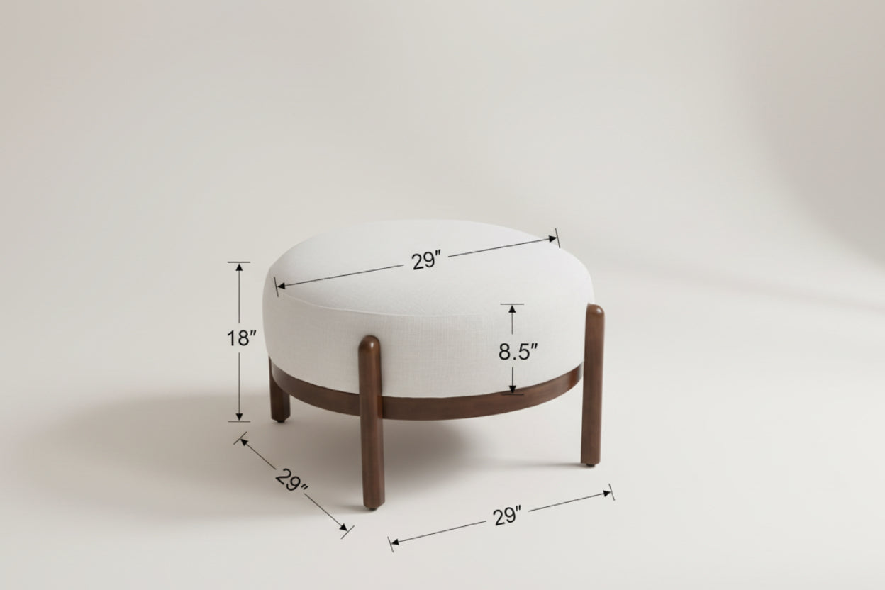 Measurement chart of a round ottoman with wooden legs on a white background